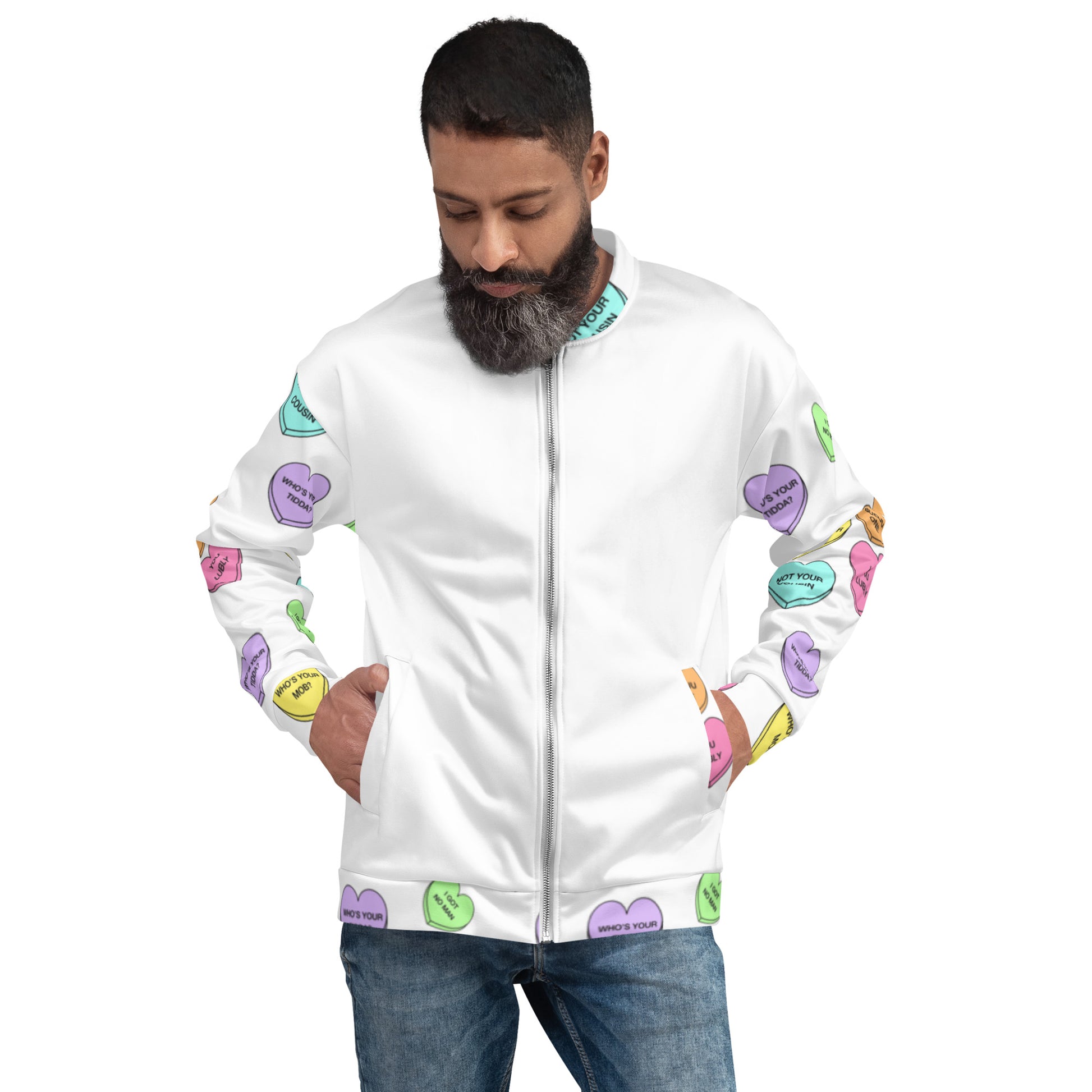 Unisex Bomber Jacket - Candy Hearts x White
