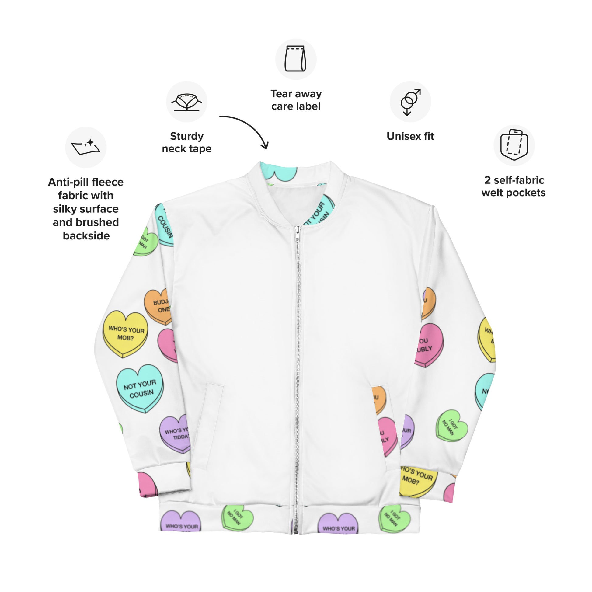 Unisex Bomber Jacket - Candy Hearts x White