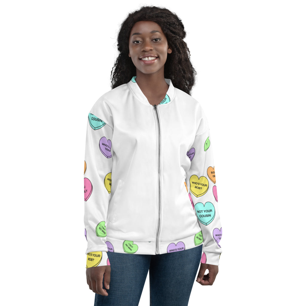 Unisex Bomber Jacket - Candy Hearts x White