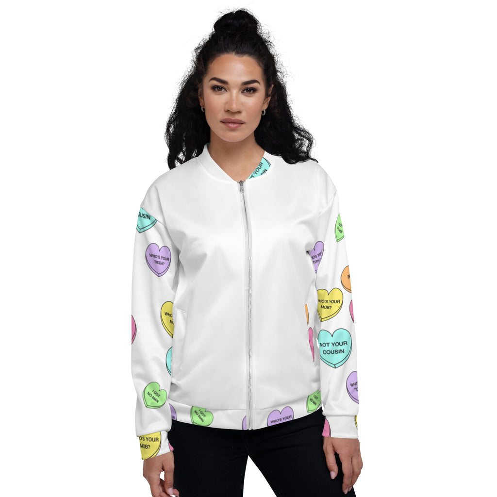Unisex Bomber Jacket - Candy Hearts x White