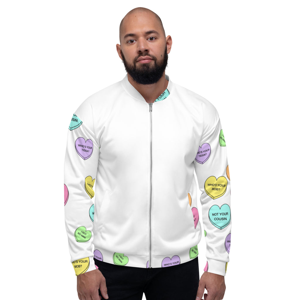 Unisex Bomber Jacket - Candy Hearts x White
