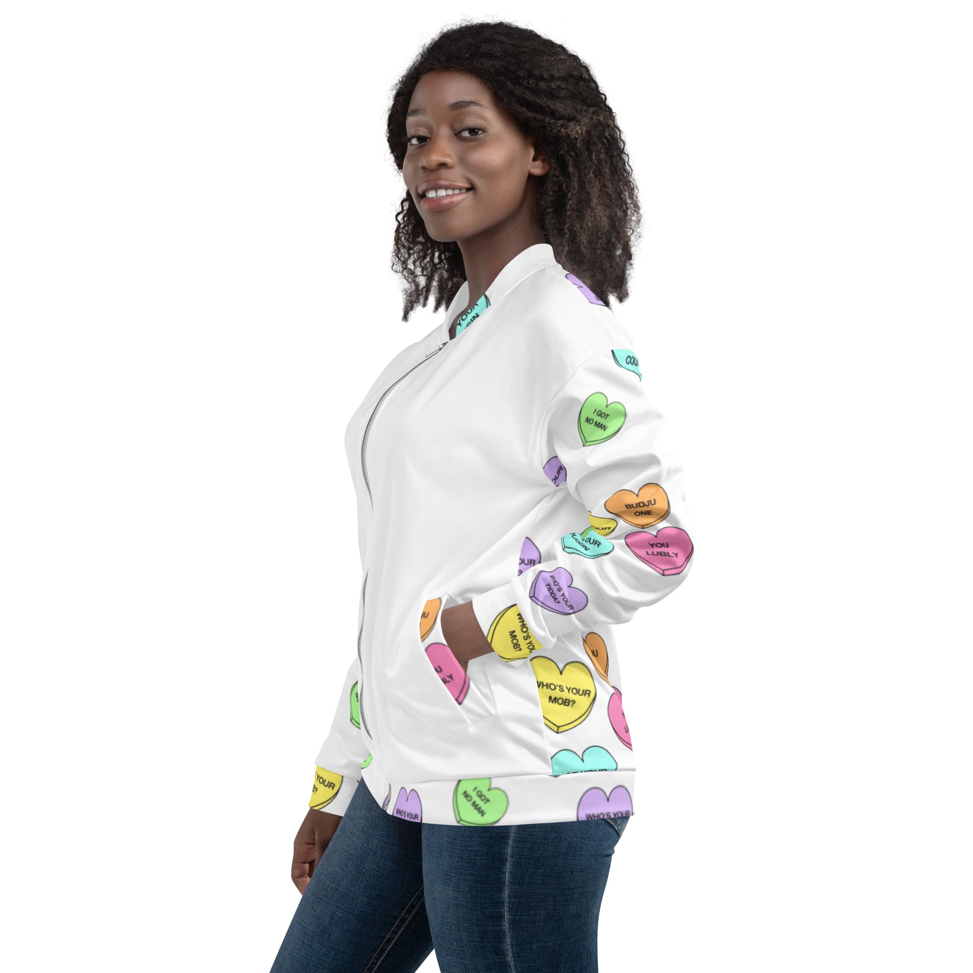 Unisex Bomber Jacket - Candy Hearts x White