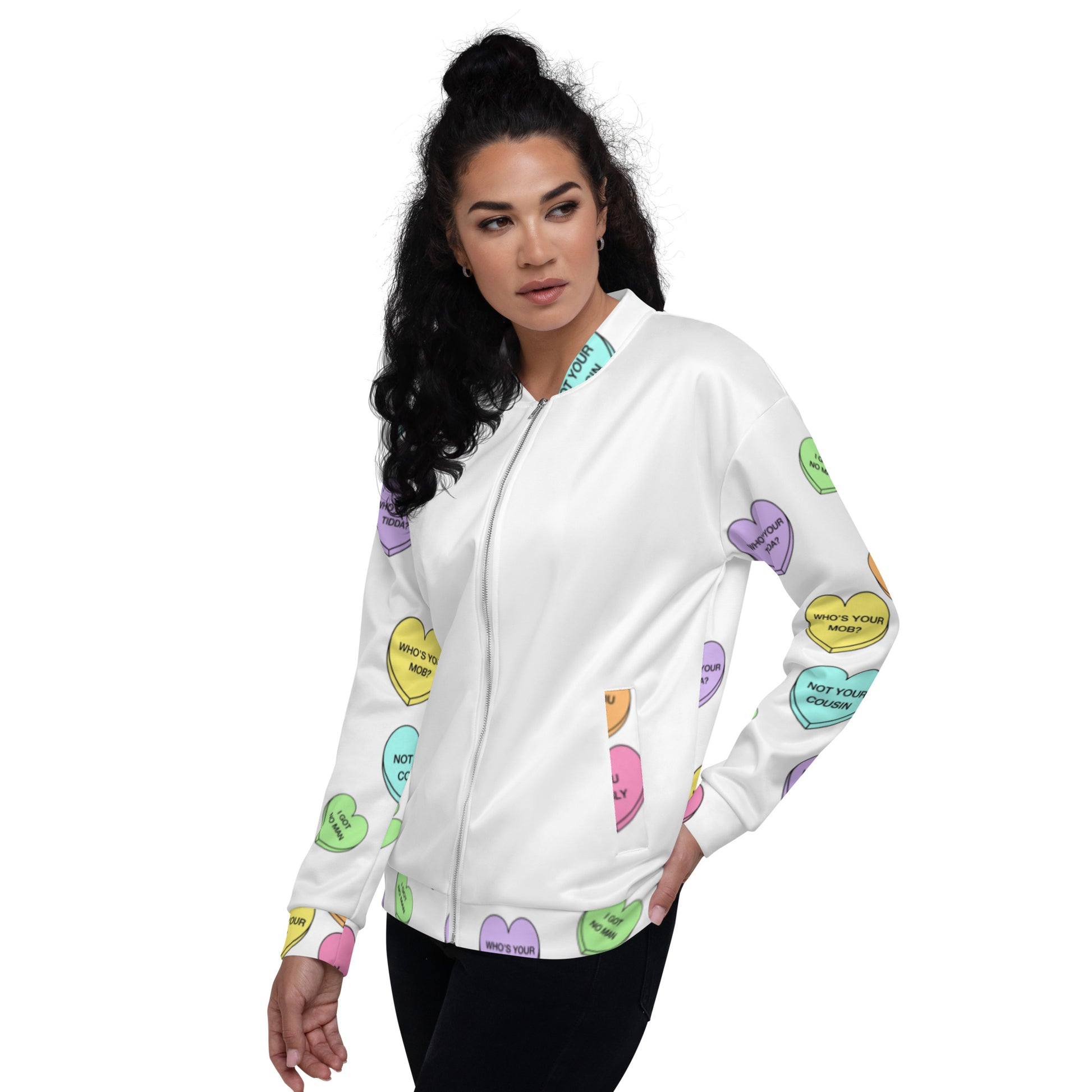 Unisex Bomber Jacket - Candy Hearts x White
