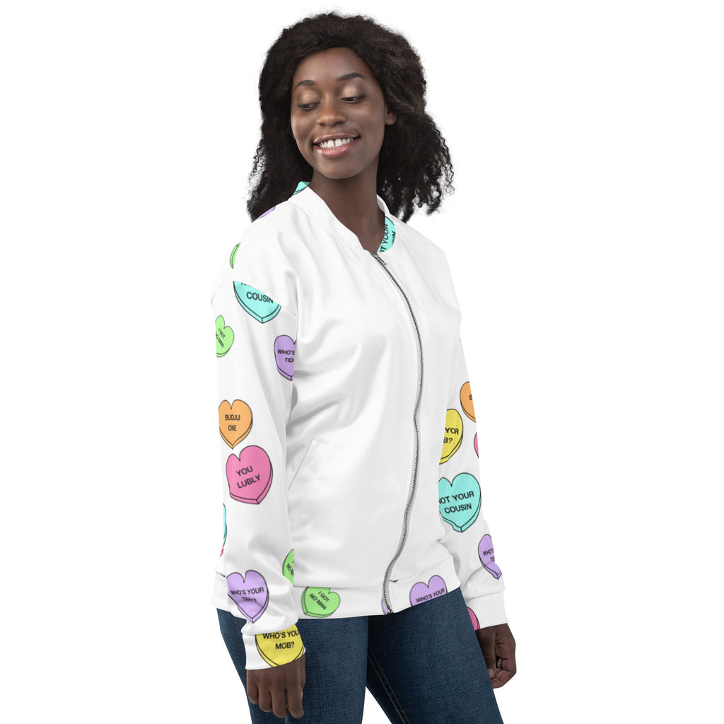 Unisex Bomber Jacket - Candy Hearts x White