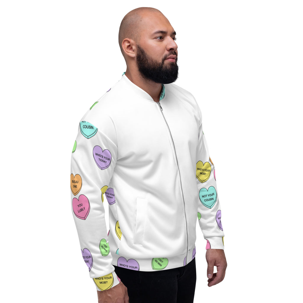 Unisex Bomber Jacket - Candy Hearts x White