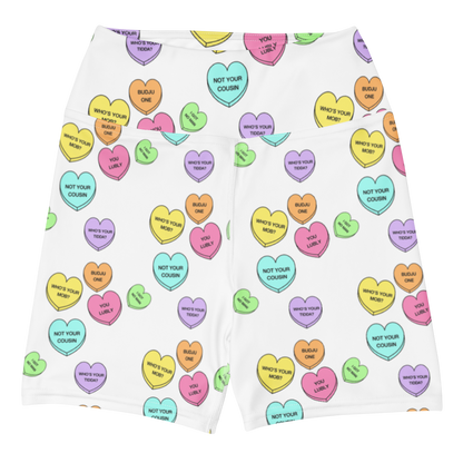High-Wasted Yoga Shorts - Candy Hearts in White