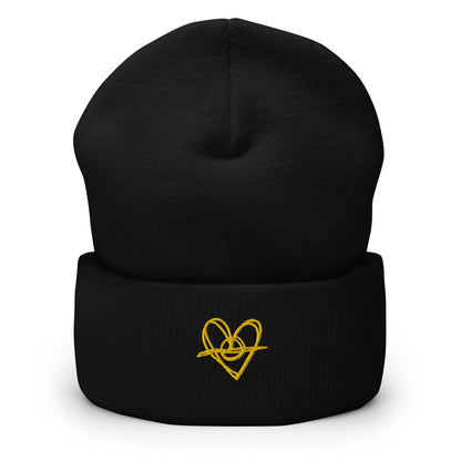Cuffed Beanie (One-Size Fits All) - Blak Heart Freehand with Yellow Stitching