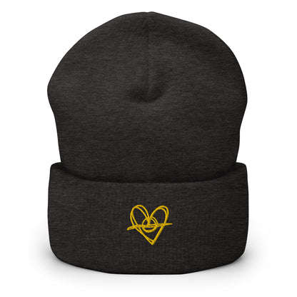 Cuffed Beanie (One-Size Fits All) - Blak Heart Freehand with Yellow Stitching