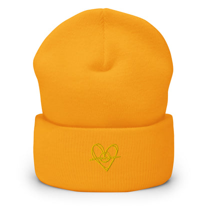 Cuffed Beanie (One-Size Fits All) - Blak Heart Freehand with Yellow Stitching