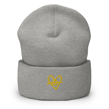 Cuffed Beanie (One-Size Fits All) - Blak Heart Freehand with Yellow Stitching